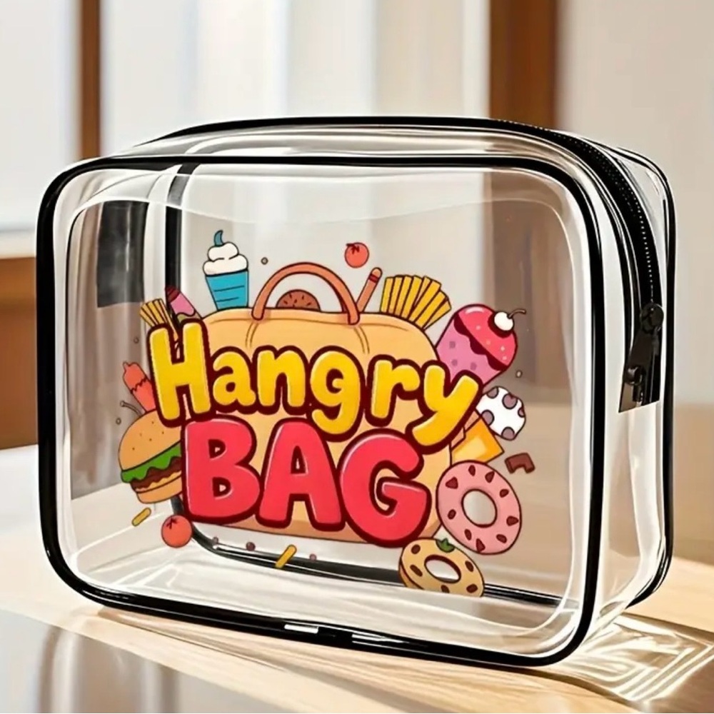 Clear Hangry Bag with Black Trim and Colorful Design